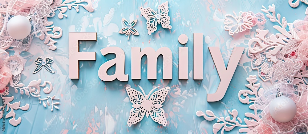 Poster minimalistic geometric pattern on a light pink blue background adorned with lace wooden family lette
