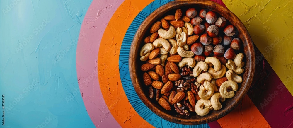 Poster an array of nuts displayed in a wooden bowl on a colorful table featuring cashews hazelnuts walnuts 
