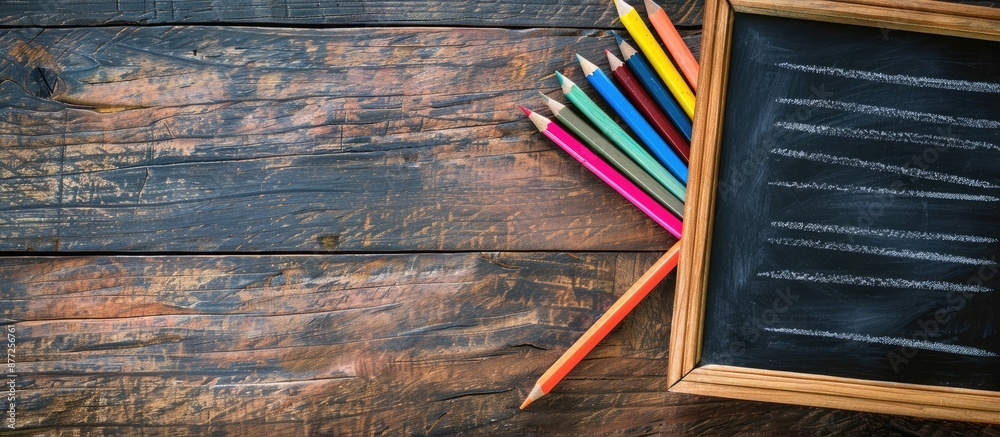 Poster View from above of a back to school chalkboard on a wooden surface with a horizontal orientation in an abstract background providing ample copy space image
