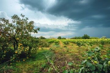 Naklejka premium A sprawling green agricultural field is shown with a tree full of fruit and threatening, dark clouds overhead, emphasizing the contrast between growth and impending weather