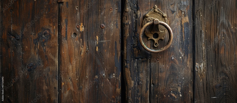 Aufkleber Wooden door with a knocker set against a textured wooden background with copy space image