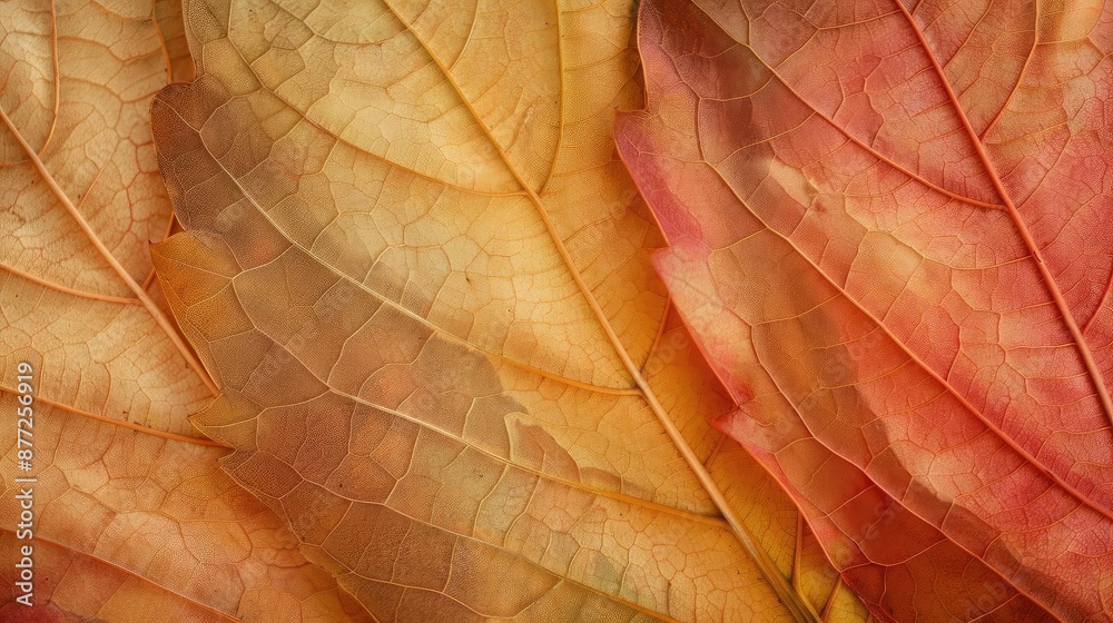 Poster close-up of vibrant autumn leaves showcasing intricate patterns and beautiful fall colors in red, or