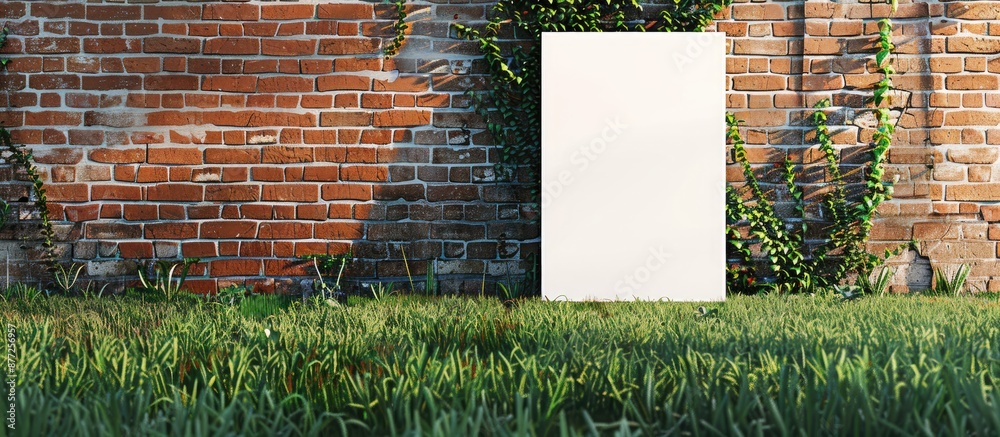 Poster empty white poster displayed on a vibrant green lawn against a backdrop of a brick wall with ample c