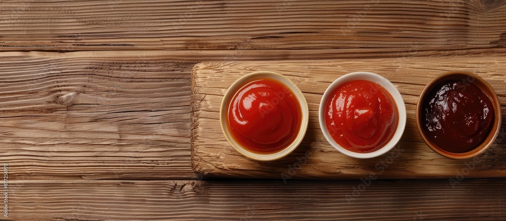 Poster A top down view shows three types of red tomato sauces classic ketchup barbecue and sweet sour Chinese sauce on a wooden chopping board with copy space image