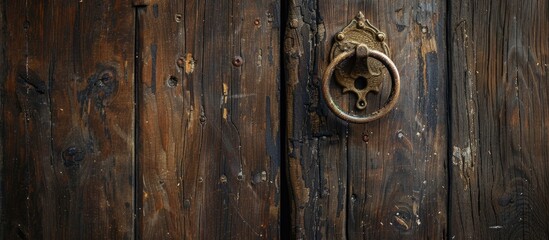 Wooden door with a knocker set against a textured wooden background with copy space image