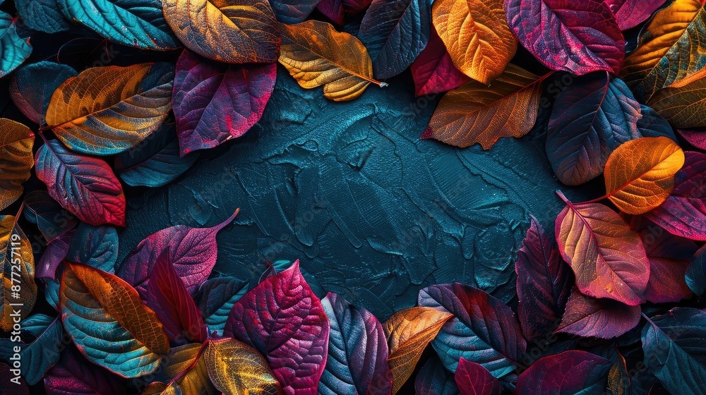 Poster vivid autumn leaves forming a vibrant border on a textured dark background, showcasing fall colors i