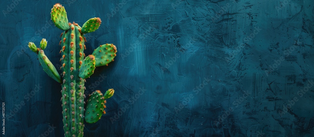 Aufkleber Selective focused macro shot of a cactus against a dark blue wall creating an abstract plant background with room for text or graphics. with copy space image. Place for adding text or design