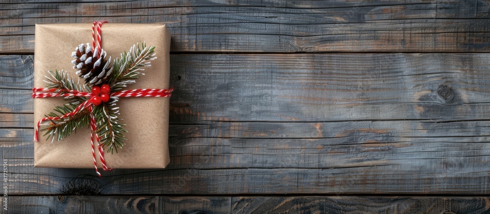 Aufkleber festive gift box for christmas decorations displayed on a rustic gray wooden background symbolizing 