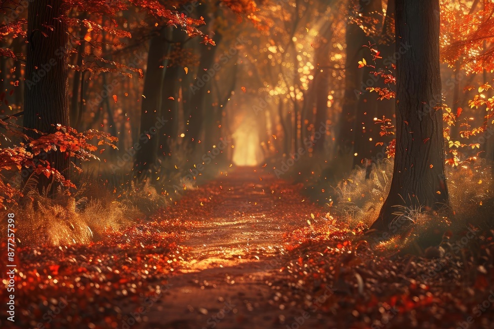Poster Pathway through a serene autumn forest with fallen leaves and sunlight filtering through the trees, creating a magical atmosphere.