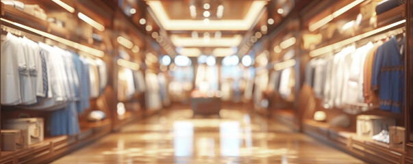 Blurred image, banner. Fashionable men's clothing in trendy luxury boutique, clothing store.