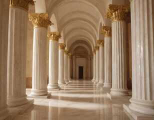 Ornate hallway with white marble columns and gold accents. Ideal for architecture, history, luxury, or wedding themes.