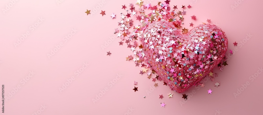 Aufkleber a heart crafted out of star sequins against a soft pink pastel backdrop with copy space image