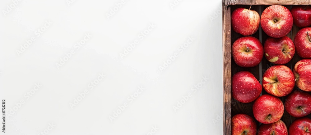 Aufkleber Top view of red apples in a wooden box on a white backdrop with ample copy space image