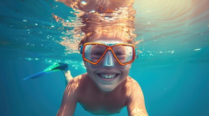 Naklejka premium Adventurous Kid Delighting in Undersea Exploration