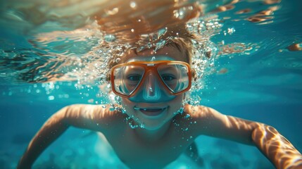 Fototapeta premium Child Snorkeling in Clear Blue Ocean Waters