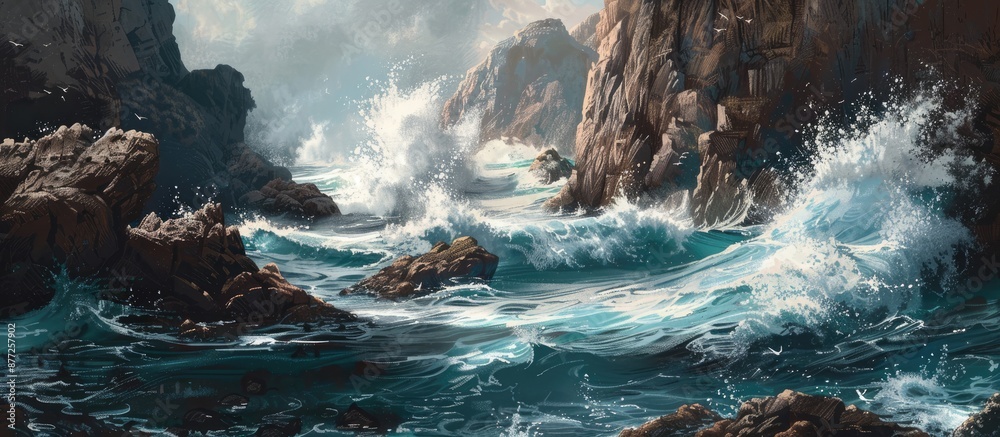 Poster Seascape with waves crashing against rocky cliffs providing a dramatic backdrop with copy space image