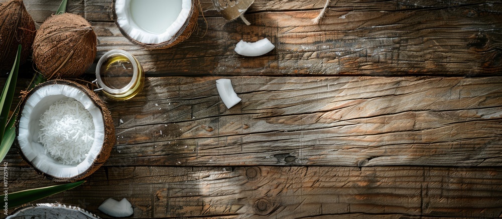 Aufkleber coconut and coconut oil placed on a rustic wooden surface with focus on the products ideal for natur