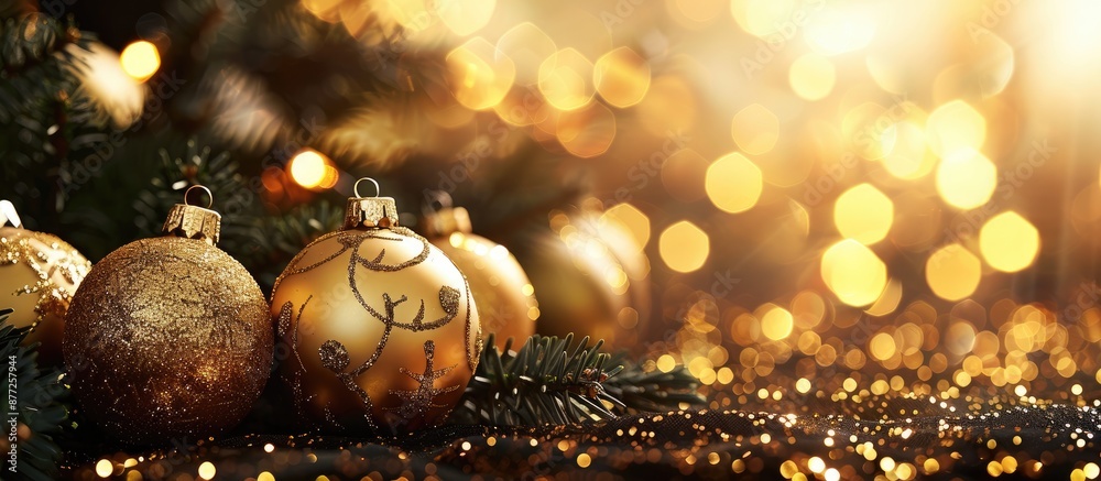Poster shining golden christmas ornaments in a festive setting with copy space image