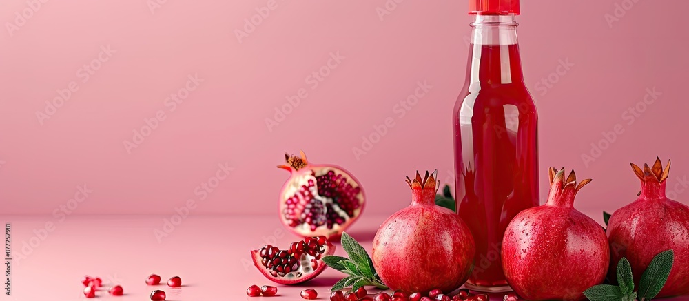 Poster Fresh pomegranate juice bottle on a pink backdrop with copy space image