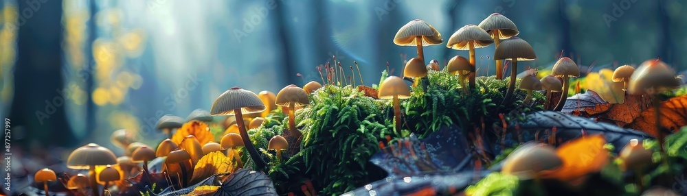 Aufkleber close-up of a forest floor with various mushrooms and moss, bathed in sunlight, creating a serene an