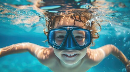Naklejka premium Excited Kid Discovering Ocean Life Below Surface