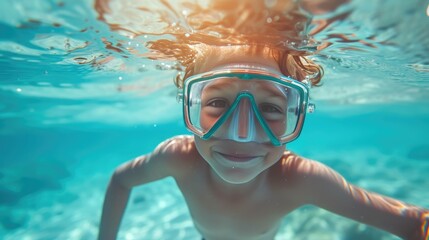Naklejka premium Young Swimmer Delighted by Underwater Exploration