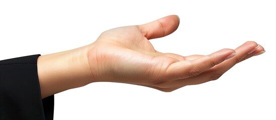 A businesswoman s hand is open holding an item The image has a clipping path and is isolated on a white background. with copy space image. Place for adding text or design