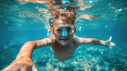 Naklejka premium Smiling Kid with Diving Mask Explores Ocean Life