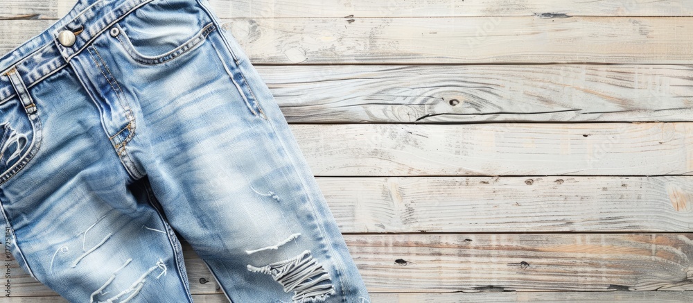 Poster denim pants displayed on a bleached wood surface with copy space image