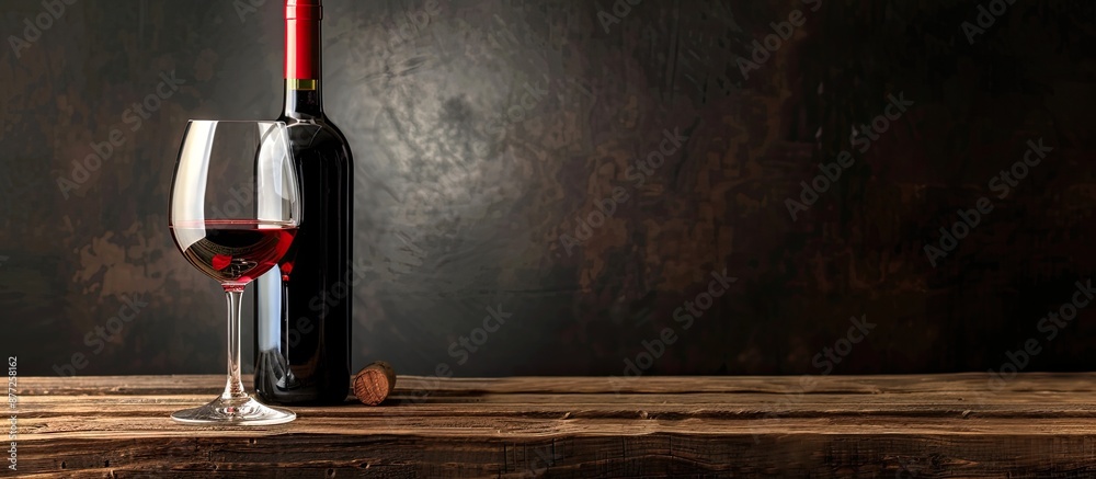 Poster red wine glass and bottle on a wooden table with copy space image available