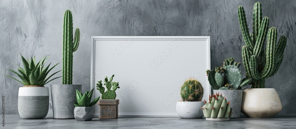 Poster Panoramic real photo displaying cactus decor in concrete and ceramic pots adorned with a white empty frame mockup offering copy space image for text or graphics