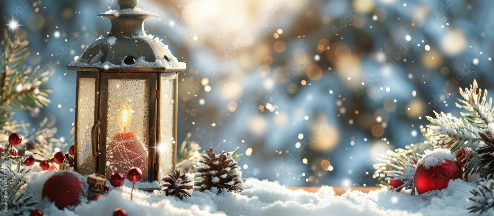 Aufkleber snowflakes gently fall around a festive christmas lantern decorated with pine cones and ornaments on