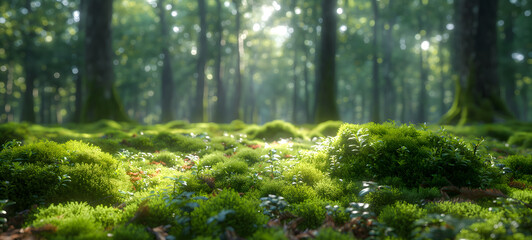 Enchanting Sunlight Filtering Through a Lush Forest Moss Carpet