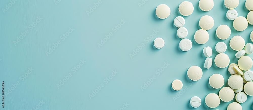 Poster a tranquil light blue background sets the scene for a composition of pills and capsules ideal for he