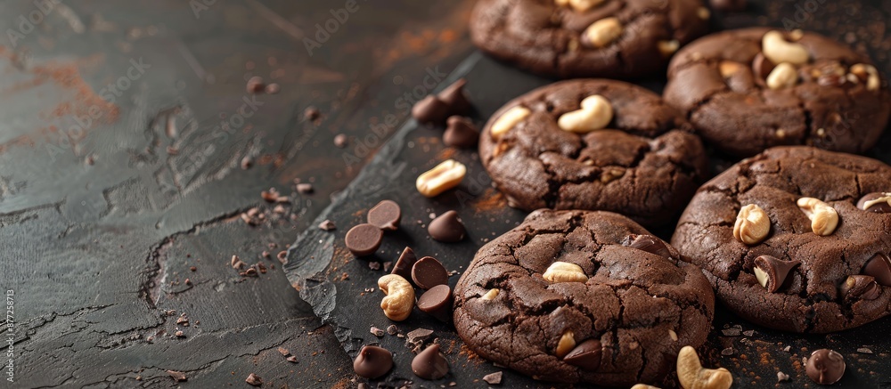 Poster Chocolate cookies with cashew nuts displayed on a vintage dark concrete table showcasing clear space for an image. with copy space image. Place for adding text or design
