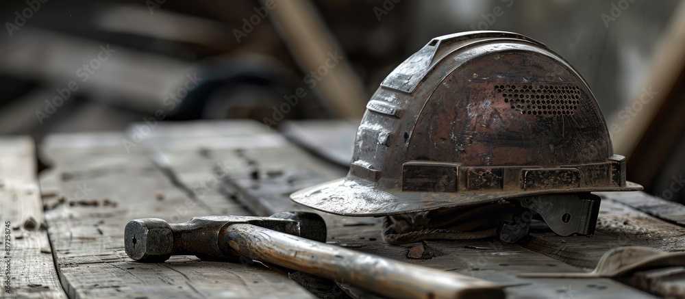 Aufkleber image of hammer and tools on a helmet showing copy space