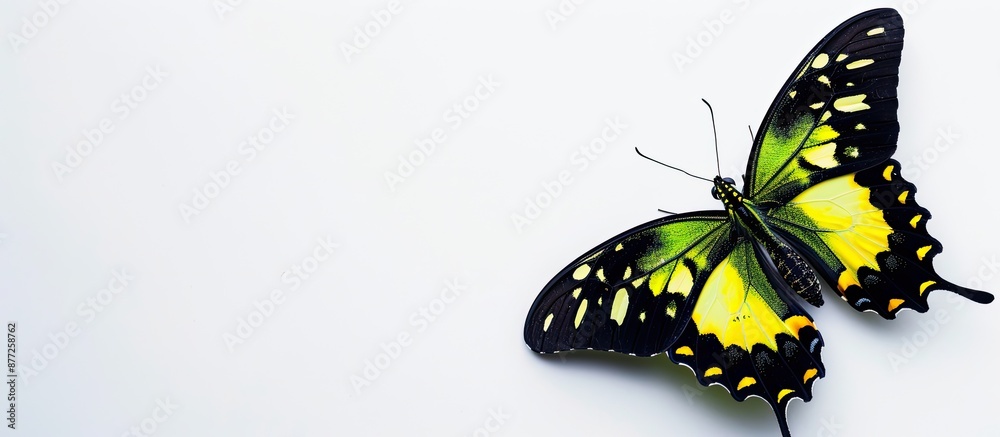 Poster Butterfly in black yellow and green colors against a white backdrop with blank space for images. with copy space image. Place for adding text or design