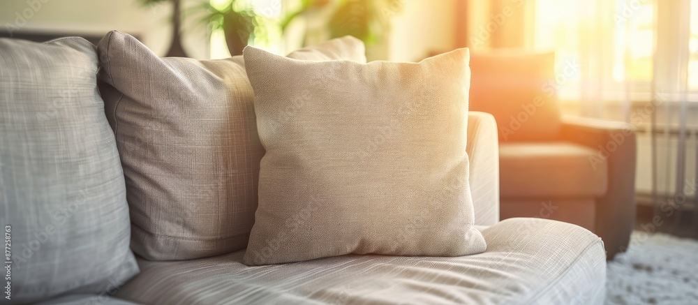 Poster close up image of a soft fabric pillow decoration on a beautiful sofa in a living room home design c