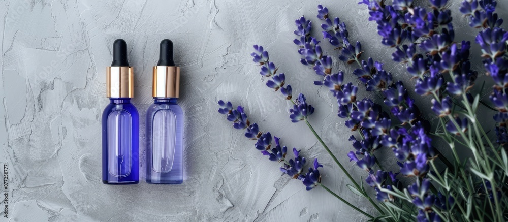 Leinwandbilder top down view of two unbranded cosmetic serum bottles alongside a lavender bunch on a gray backdrop 