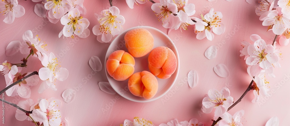 Leinwandbilder flat lay composition featuring apricot flowers on a pink table with cherry blossom branches in the b