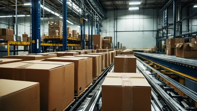 Cardboard boxes on conveyor rollers ready to be shipped by courier for distribution. Generated with Ai