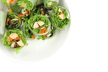 Fresh vegetable salad rolls in bowl isolated on white background, Close Up vegetable salad rolls texture as background or wallpaper, Break fast vegetable salad rolls