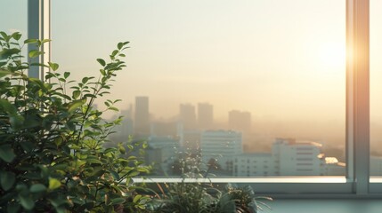 Tranquil Dawn in the Futuristic City - Harmonious View of Innovative Architecture and Greenery through a Window