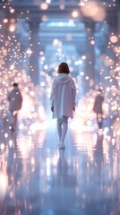 Dreamlike Scene of a Person in White Coat Walking Through Sparkling Hallway