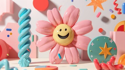 Obraz premium A vibrant and playful 3D abstract art piece featuring a large pink flower with a smiling face as the focal point The flower is surrounded by an array of colorful geometric shapes and objects such as a