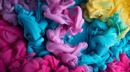 Fototapeta premium A vibrant and mesmerizing interplay of colors and shapes It appears as if ink or paint is being dropped into a liquid creating a swirling effect The colors range from deep blues and teals to bright pi