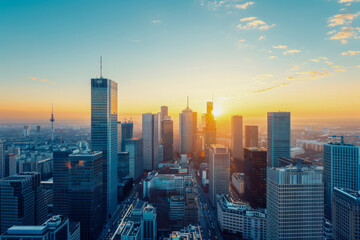 Obraz premium Urban skyline with skyscrapers at sunrise, featuring glowing sun and modern cityscape.