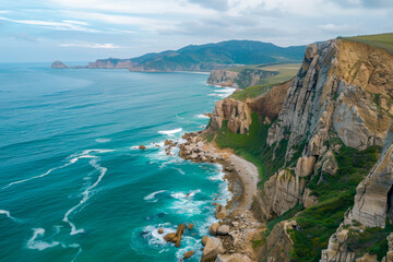 Fototapeta premium Aerial view of dramatic coastal cliffside, waves crashing against rocks, scenic hiking trail.
