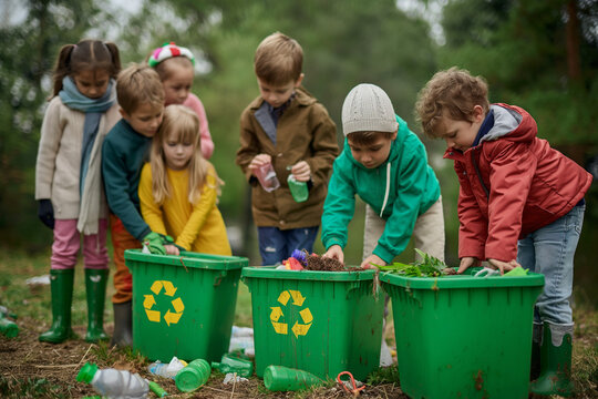 Children learning about recycling outside the classroom with a green recycle bin. A lesson about environmental cleaning or protection, separating wastes. Kid's charity activity.