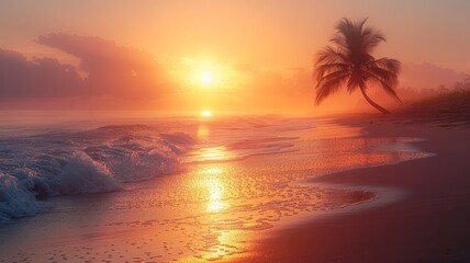 A tranquil beach scene at sunset, with soft golden light illuminating the gentle waves